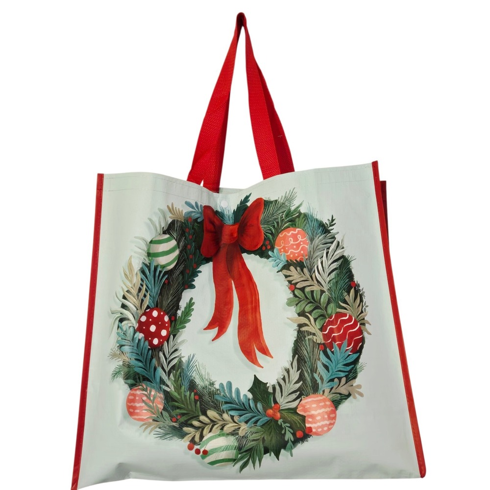Christmas Wreath Ribbon Bow Greenery Balls Ornaments TJMaxx Tote Bag Gift